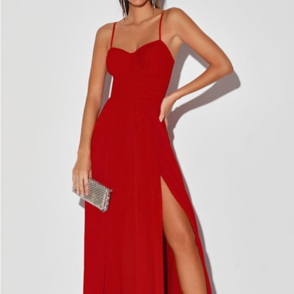 Cause for Commotion Red Pleated Bustier Maxi Dress